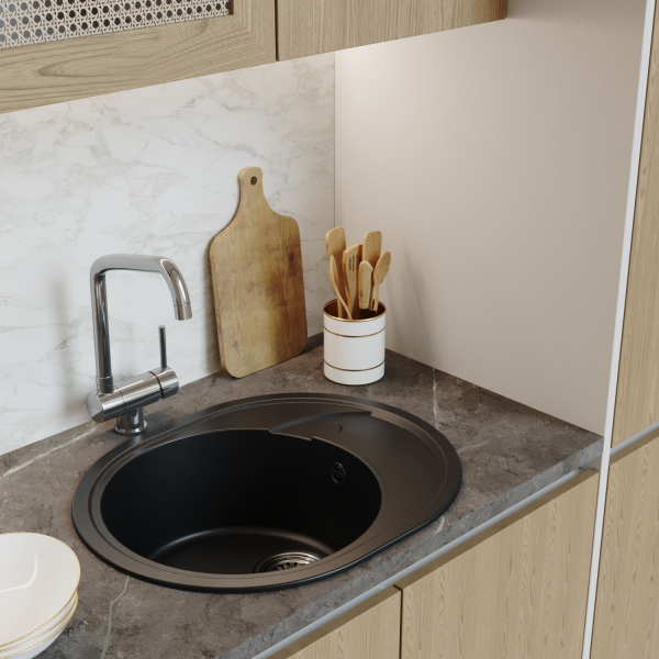 Мойка ML-GM17 овальная с крылом, ультра-черная (344), 580*470*180мм