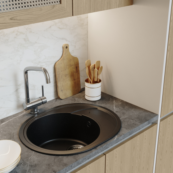 Мойка ML-GM17 овальная с крылом, черная (308), 580*470*180мм