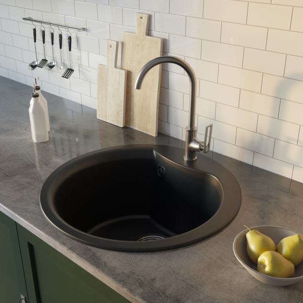 Мойкa ML-GM12 круглая, ультра-черная (344), 480мм (глуб. чаши 210)