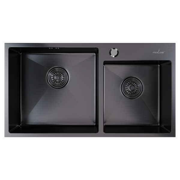 Мойка настол.монтаж 72х40 (3,0) 2-х ЧАШЕВАЯ вып 3 1/2  MIXLINE PRO 22см с сифоном (черный графит)