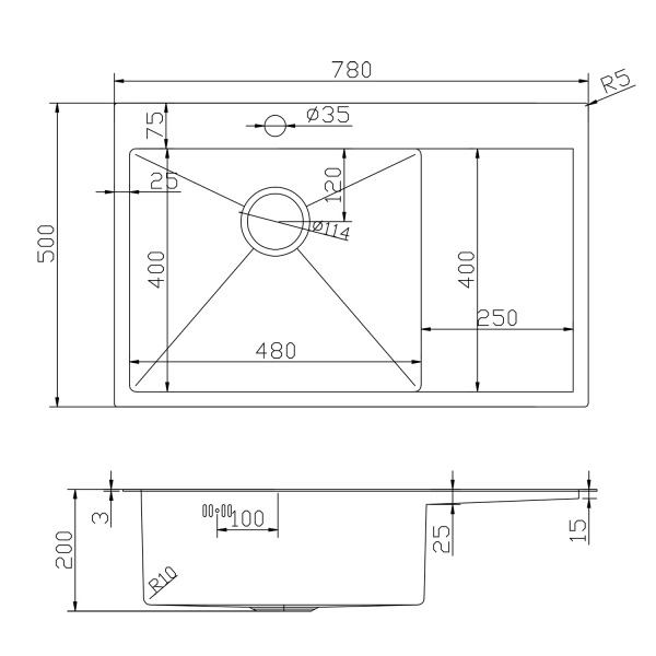 Мойка настол.монтаж 78х50 (3,0) лев. вып 3 1/2  MIXLINE PRO 20см с сифоном (сатин)