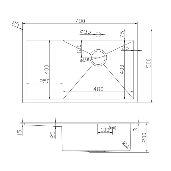 Мойка настол.монтаж 78х50 (3,0) прав. вып 3 1/2  MIXLINE PRO 20см с сифоном (сатин)