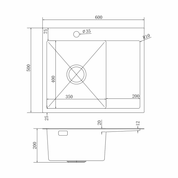 Мойка настол.монтаж 60х50 (3,0) лев. вып 3 1/2  MIXLINE PRO 20см с сифоном (черный графит)