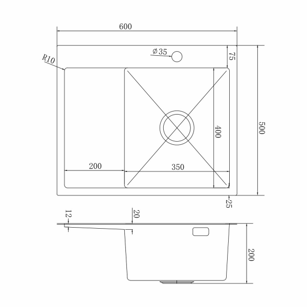 Мойка настол.монтаж 60х50 (3,0) прав. вып 3 1/2  MIXLINE PRO 20см с сифоном (бронза)
